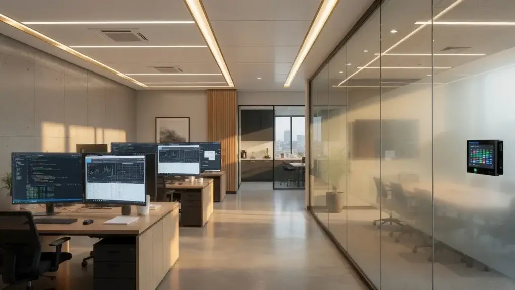 An automated office instalation with lights cutting edge monitors and temperature control