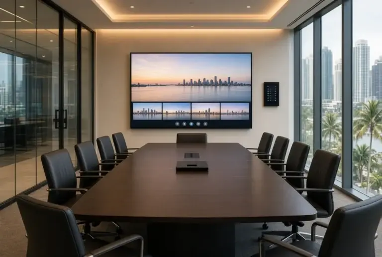 Conference room with display and wall control in a Miami office