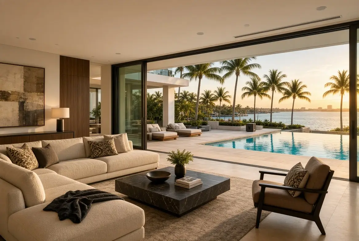 Miami living room with in-ceiling speakers opening to a pool terrace with outdoor audio