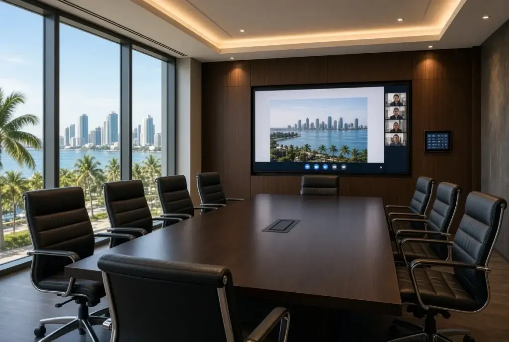 Miami office conference room with display, wall control, and water view