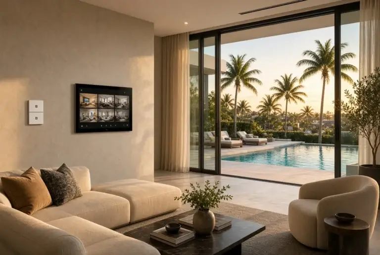 Savant-style wall control in a Miami luxury living room with pool view
