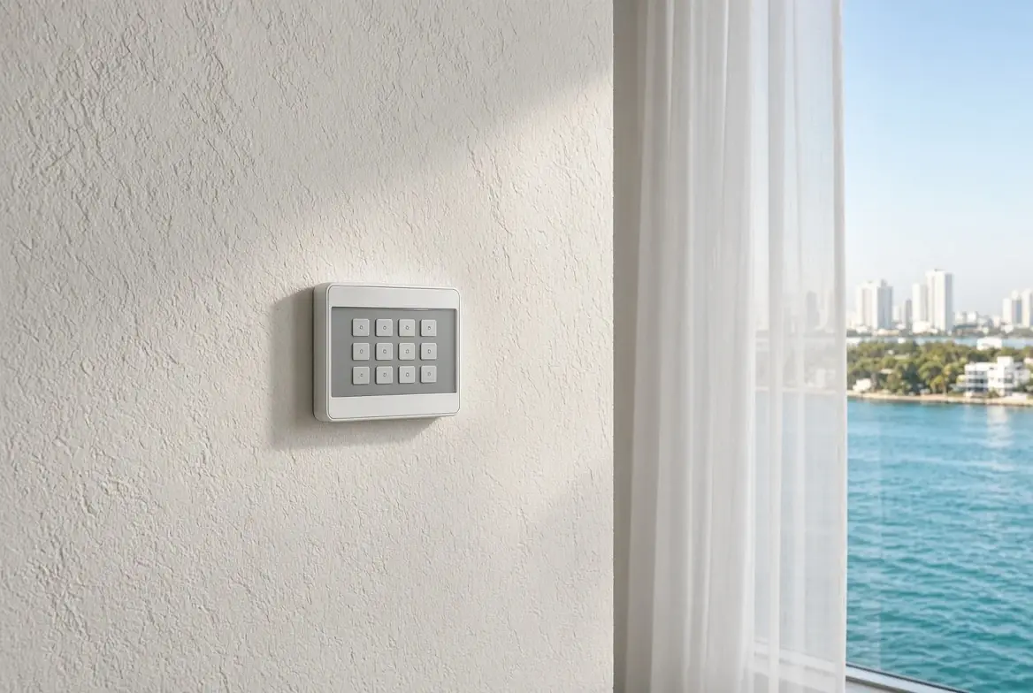 Wall keypad controlling multi-room audio and lighting in a Miami home