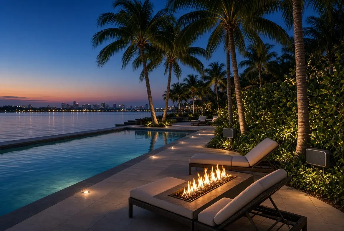 Weather-rated outdoor speakers by a Miami pool at dusk